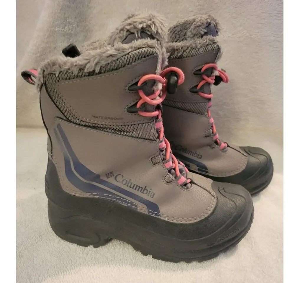 Columbia Bugaboot IV Gray Lined Winter Snow Hiking Boots Pink Lace Kids Size 2